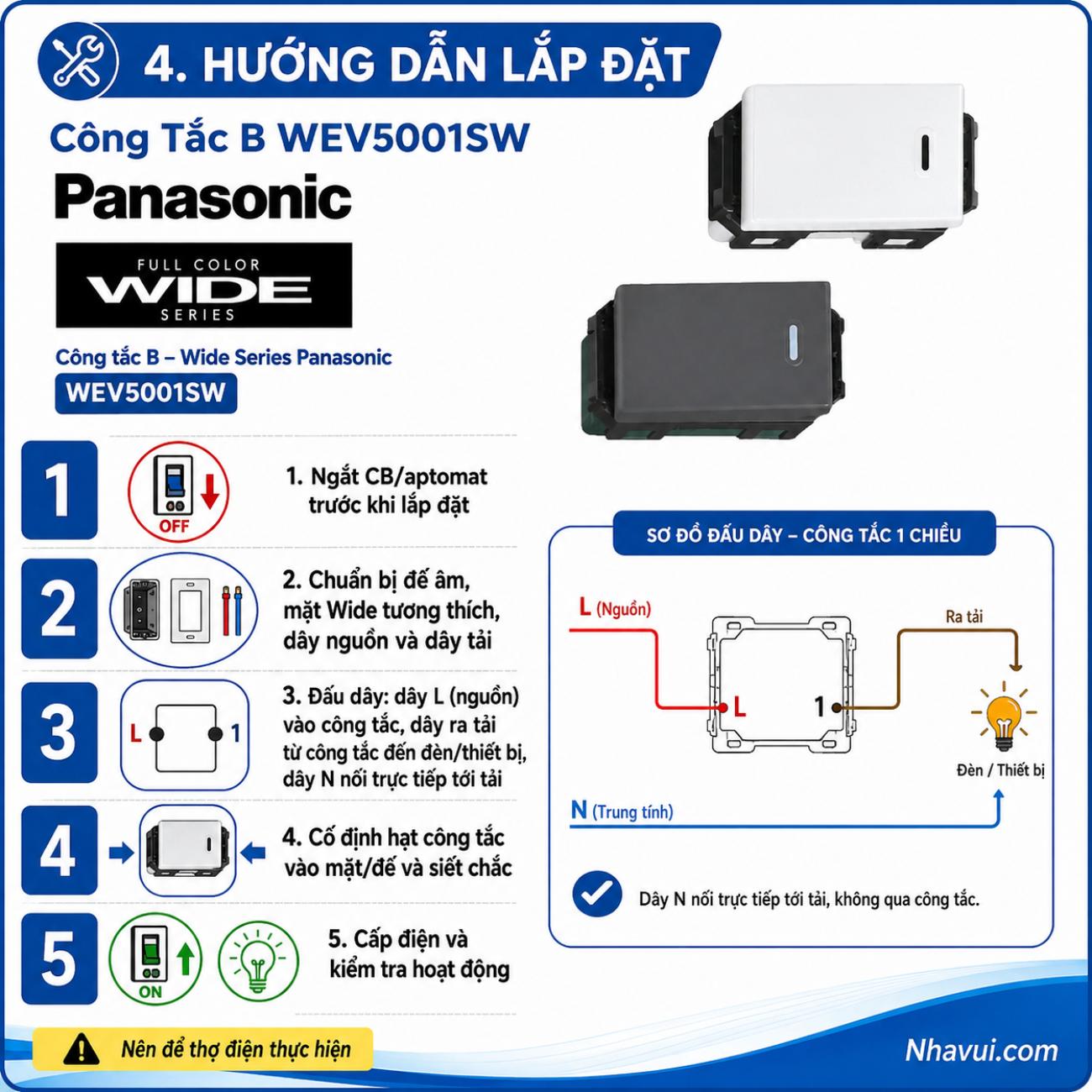 Công tắc B 1 chiều Panasonic Wide Series WEV5001SW, WEV5001-7SW, WEV5001H, WEV5001-7H